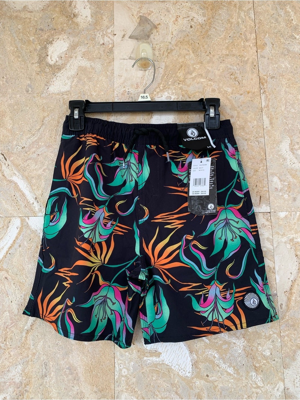 Volcom Boy’s Black Swim Shorts with Green, Orange & Pink Floral Print